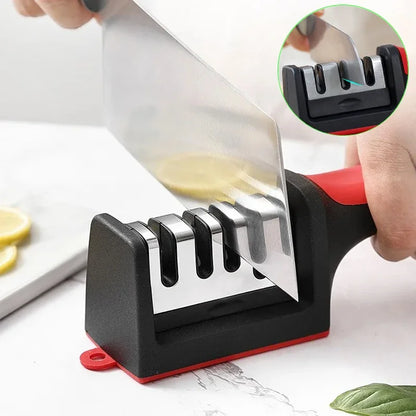 Knife sharpener being used to sharpen a knife on a white surface with a close-up of the sharpener.