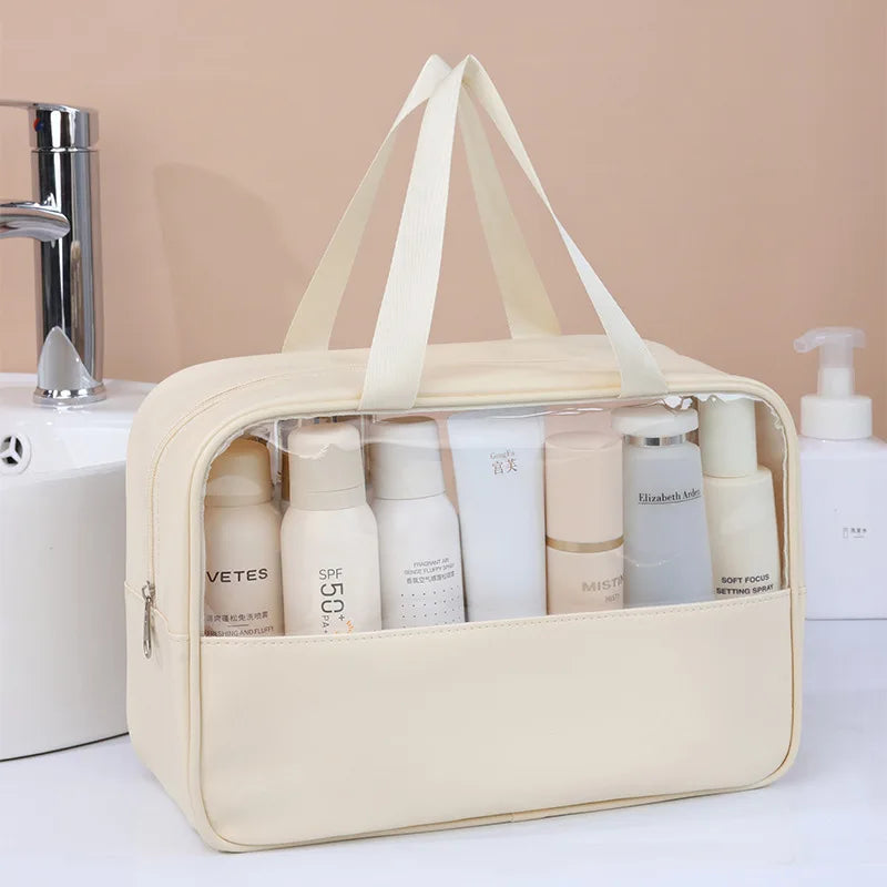 Beige toiletry bag with cosmetic bottles on a bathroom counter