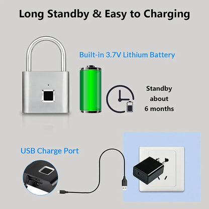 Electronic lock with USB charging cable and battery illustration on a gray background