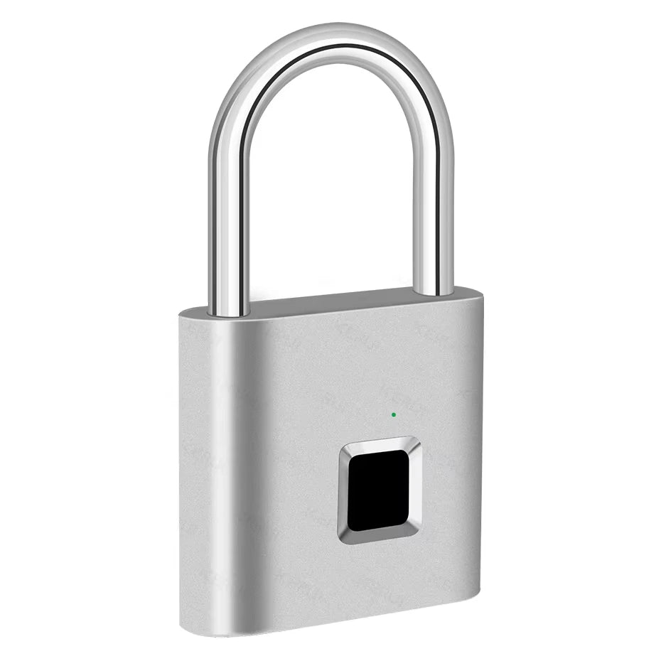 A modern silver padlock with a brushed metal finish, featuring a square black fingerprint scanner window on the front and a small green LED indicator light, isolated on a white background.