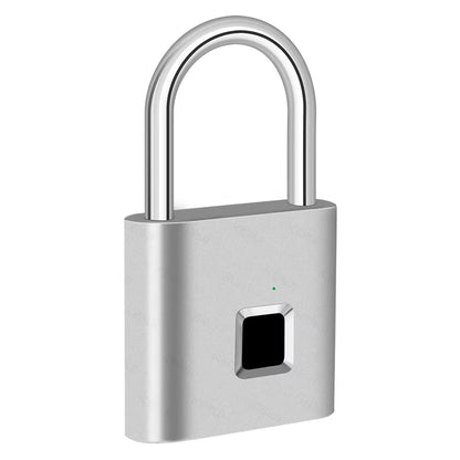 A modern silver padlock with a brushed metal finish, featuring a square black fingerprint scanner window on the front and a small green LED indicator light, isolated on a white background.