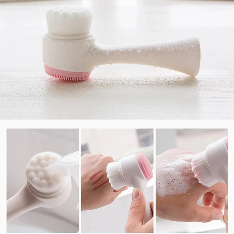 A handheld facial cleansing brush shown on a light surface, with three smaller inset photos demonstrating use on a brush head, on a hand, and with soap lather on skin.