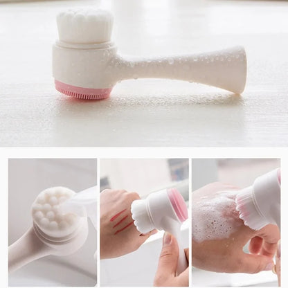 A handheld facial cleansing brush shown on a light surface, with three smaller inset photos demonstrating use on a brush head, on a hand, and with soap lather on skin.