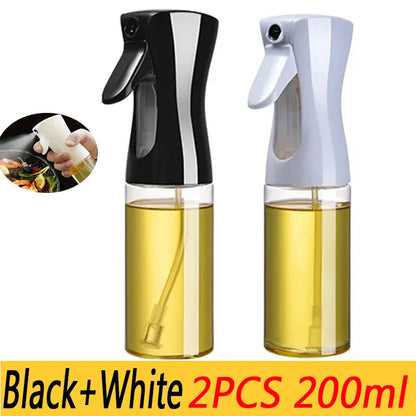 Two olive oil sprayers, one black and one white, with a close-up of a hand holding an oil sprayer in the corner.Showing that they hold 200ml each