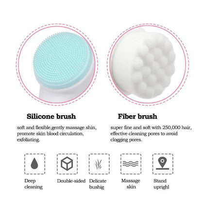 Silicone and fiber brushes with features and benefits on a white background