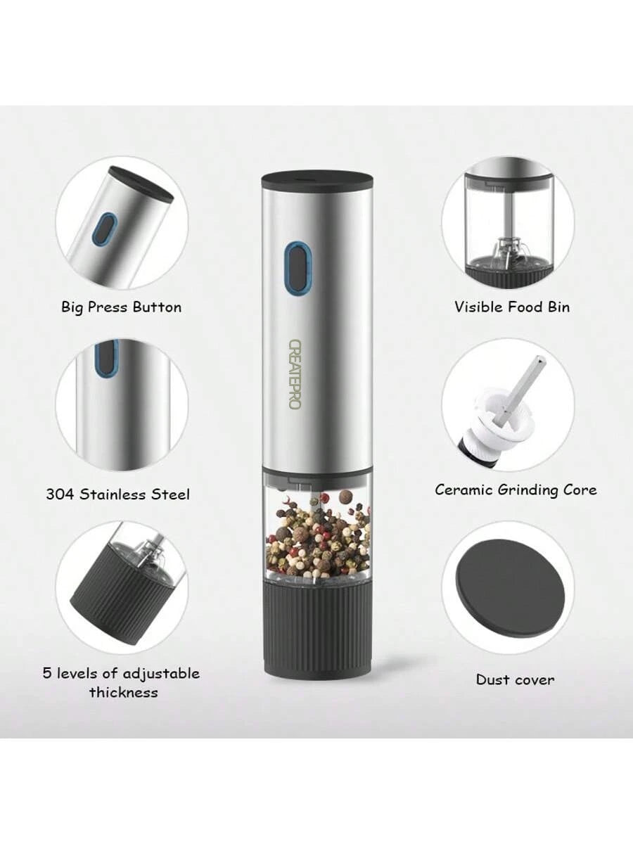 Salt & pepper grinder with features highlighted on a white background