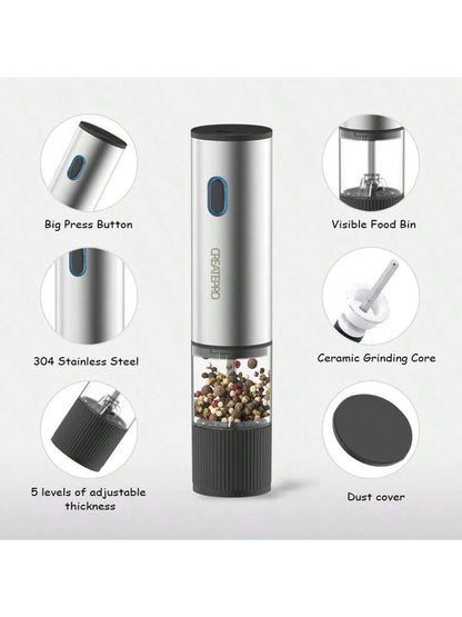 Salt & pepper grinder with features highlighted on a white background