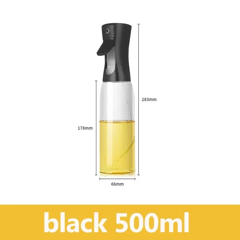 Black 500ml spray bottle with measurements on a white background
