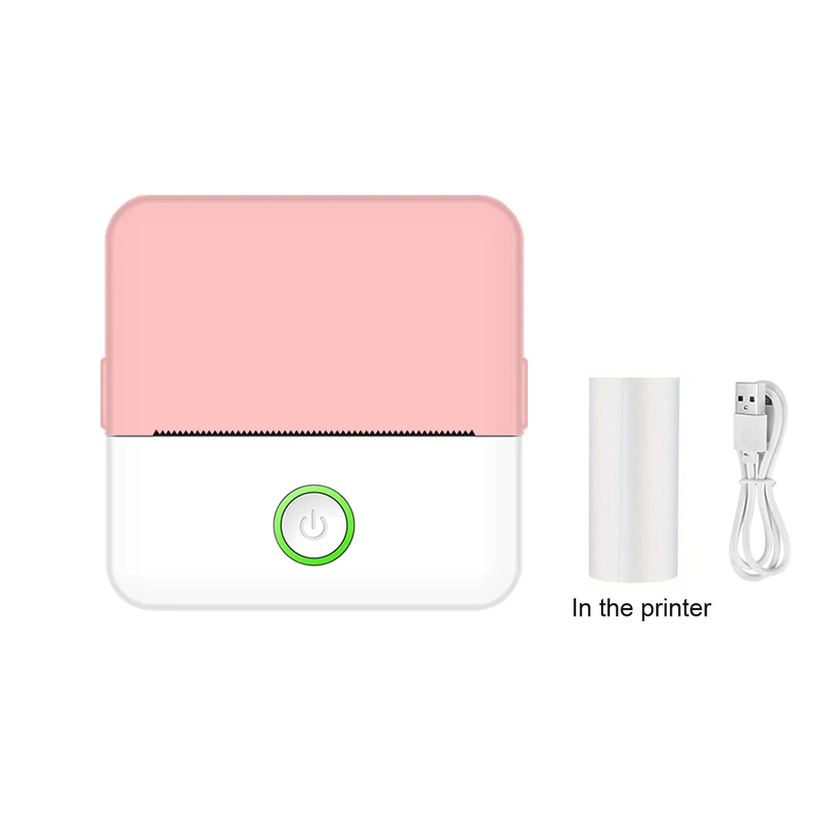 Pink and white portable printer with power button and cable on a white background
