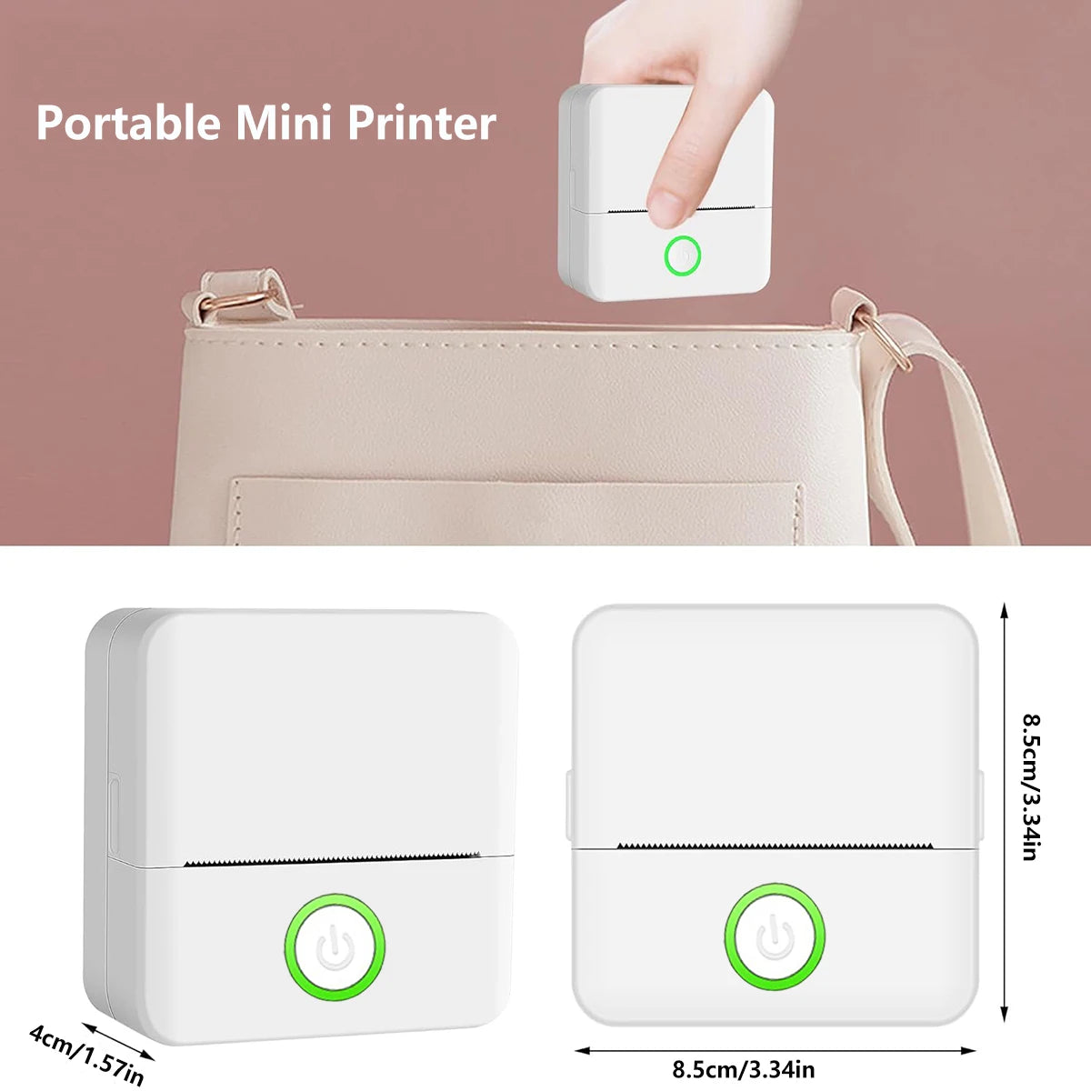 Portable mini printer with dimensions and a hand holding it above a bag.