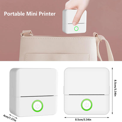 Portable mini printer with dimensions and a hand holding it above a bag.
