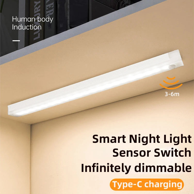 A long white smart night light strip mounted on a beige wall corner, with promotional text reading 'Smart Night Light Sensor Switch Infinitely dimmable' and 'Type-C charging.' The image includes a small orange '3-6m' indicator and a partial human body silhouette at the upper left to suggest body-detection use.