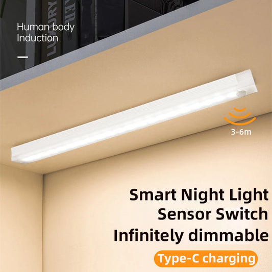 A long white smart night light strip mounted on a beige wall corner, with promotional text reading 'Smart Night Light Sensor Switch Infinitely dimmable' and 'Type-C charging.' The image includes a small orange '3-6m' indicator and a partial human body silhouette at the upper left to suggest body-detection use.