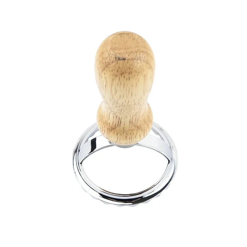 Wooden handle on a metal ring against a white background