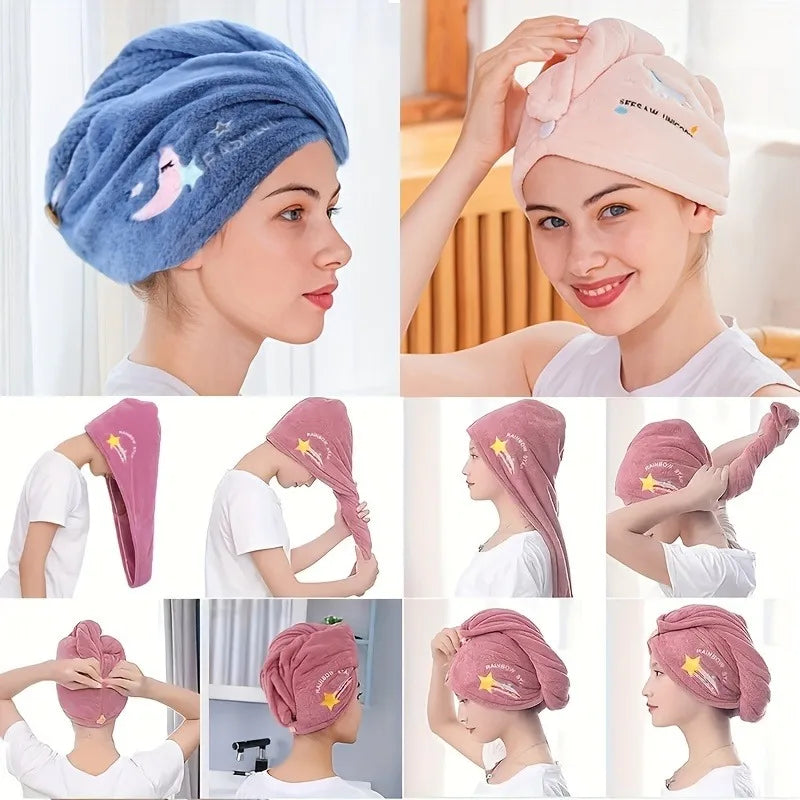 Collage of people wearing blue, pink, and purple hair-drying turbans with cartoon designs.
