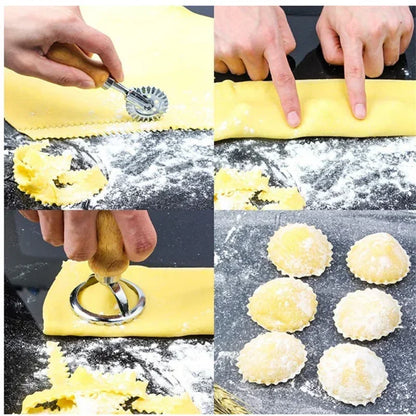 Step-by-step process of using a pasta cutter to make ravioli, with hands and pasta on a floured surface.