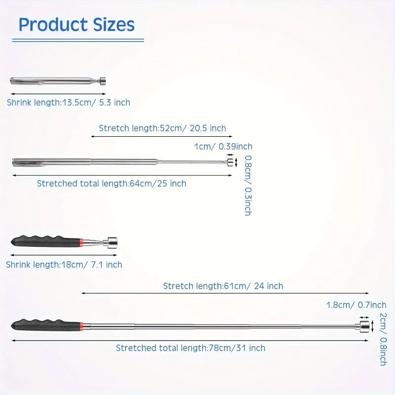 Product sizes diagram showing four different adjustable metal extension tools with labeled shrink lengths and stretched lengths in centimeters and inches on a white background.