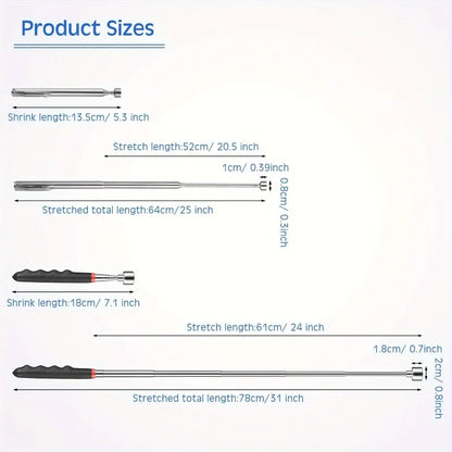 Product sizes diagram showing four different adjustable metal extension tools with labeled shrink lengths and stretched lengths in centimeters and inches on a white background.