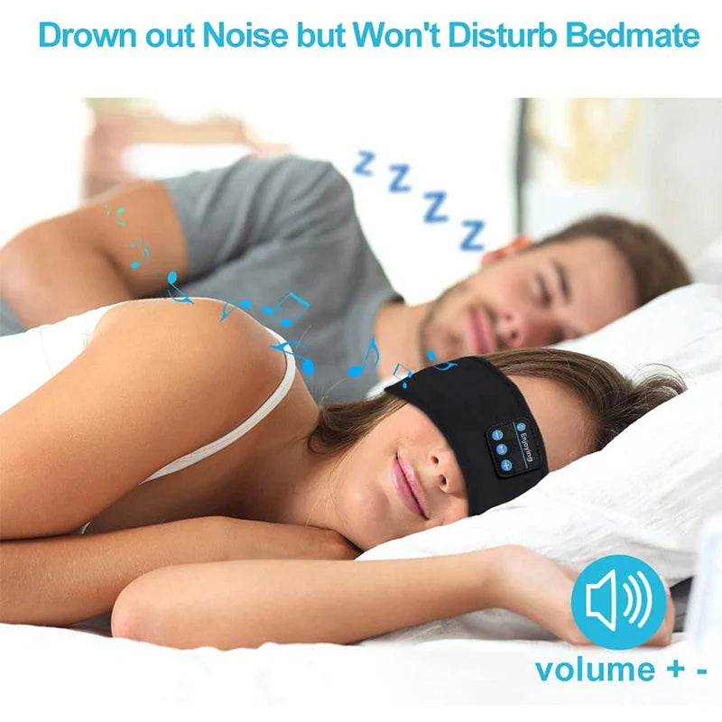 Two people sleeping with a noise-canceling headband, text 'Drown out Noise but Won't Disturb Bedmate'.