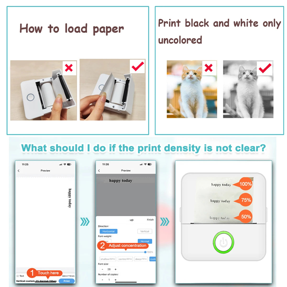 Instructions on how to load paper, print black and white only, and adjust print density on a device.