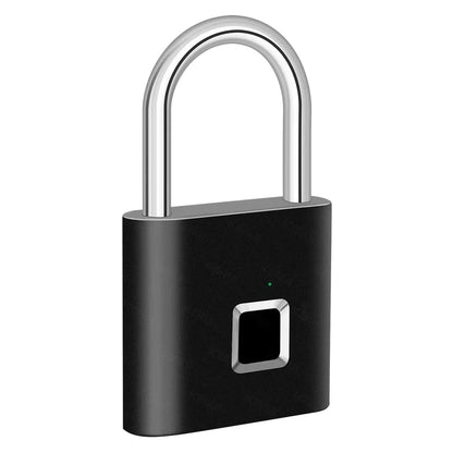 Black electronic padlock with fingerprint sensor on a white background