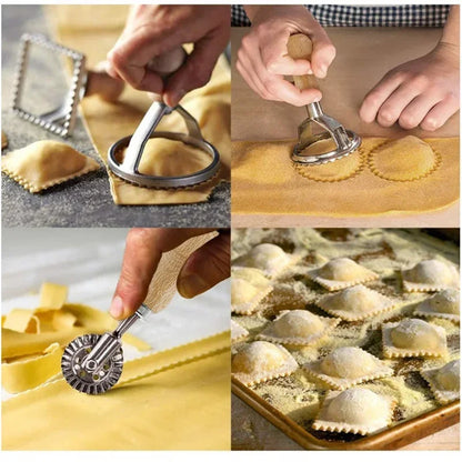 Collage of a person using a ravioli maker to create ravioli shapes.