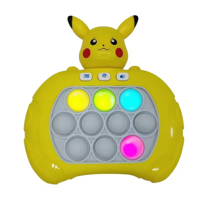 Yellow toy with a character on top and colorful buttons below on a white background