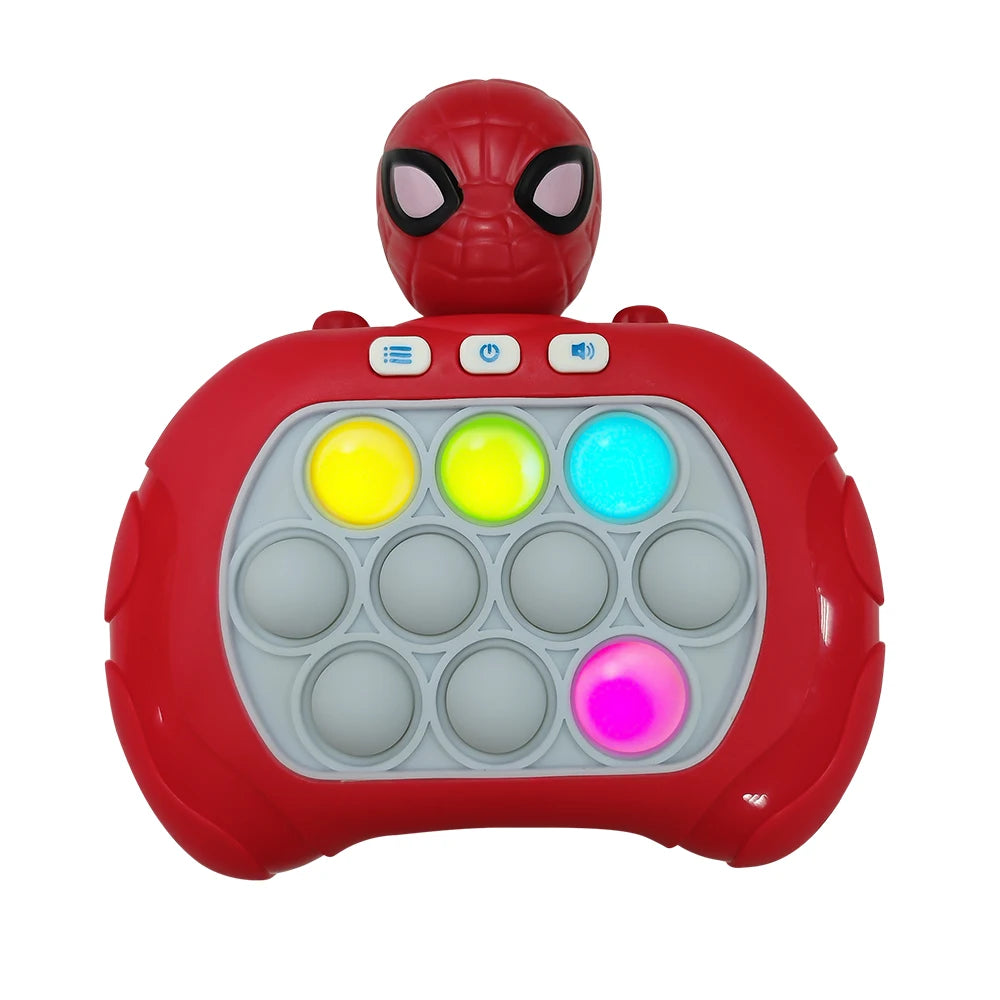 Red toy with colorful buttons and a spider-Man face on a white background