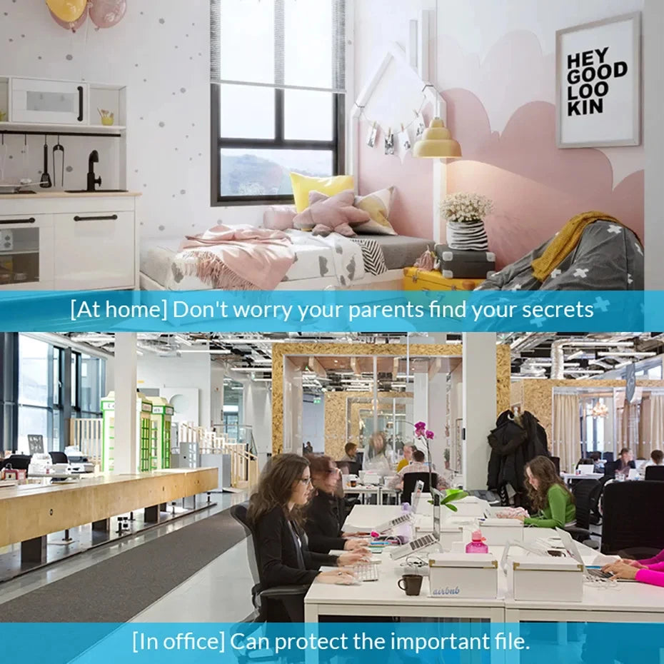 Comparison of home and office environments with text overlay.