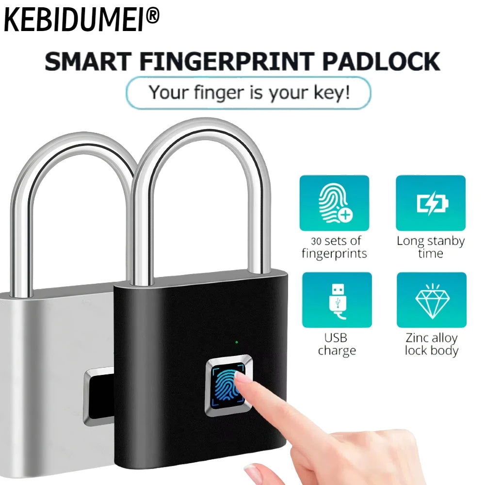 Smart fingerprint padlock with USB charging feature, displayed on a white background.