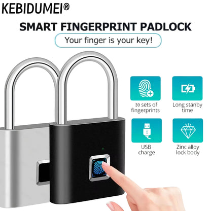 Smart fingerprint padlock with USB charging feature, displayed on a white background.