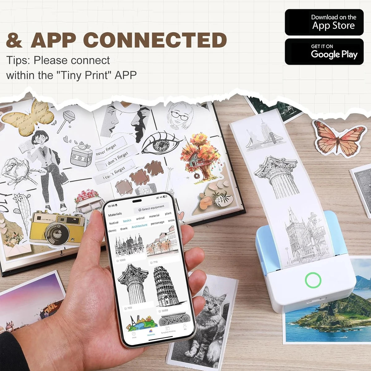 Hand holding a smartphone with an app interface, next to printed illustrations and a Tiny Print device on a wooden surface.