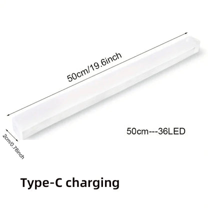 White LED strip with dimensions and charging information on a white background