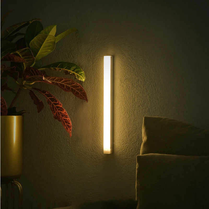 Wall-mounted light fixture casting a warm glow on a wall next to a plant and sofa.