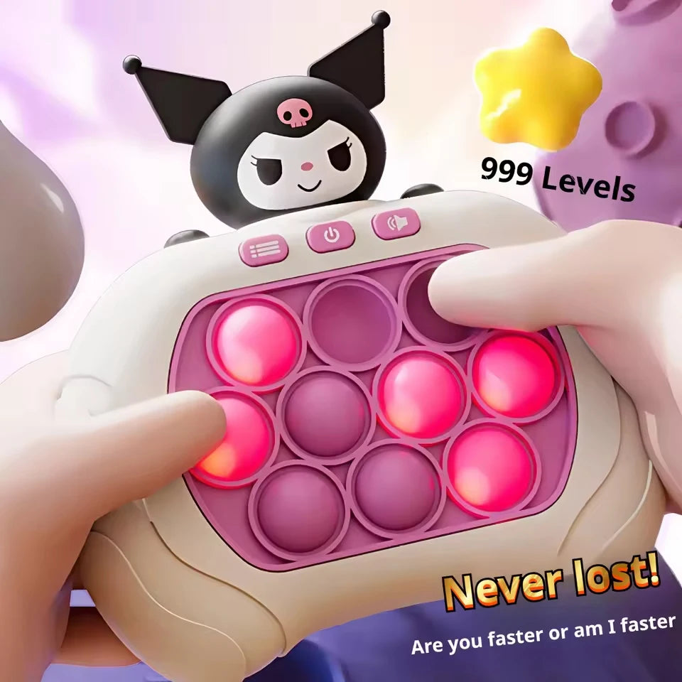 Pink pop-it toy with cartoon character on top, held by a hand against a purple background.