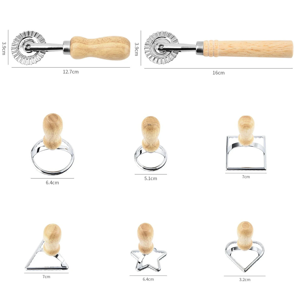 Set of metal tools with wooden handles, showing different shapes and sizes.