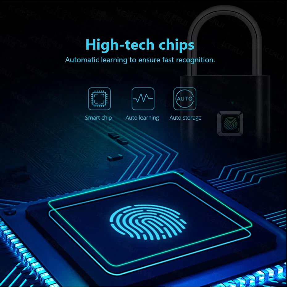 Fingerprint sensor with high-tech chips and lock on a dark background