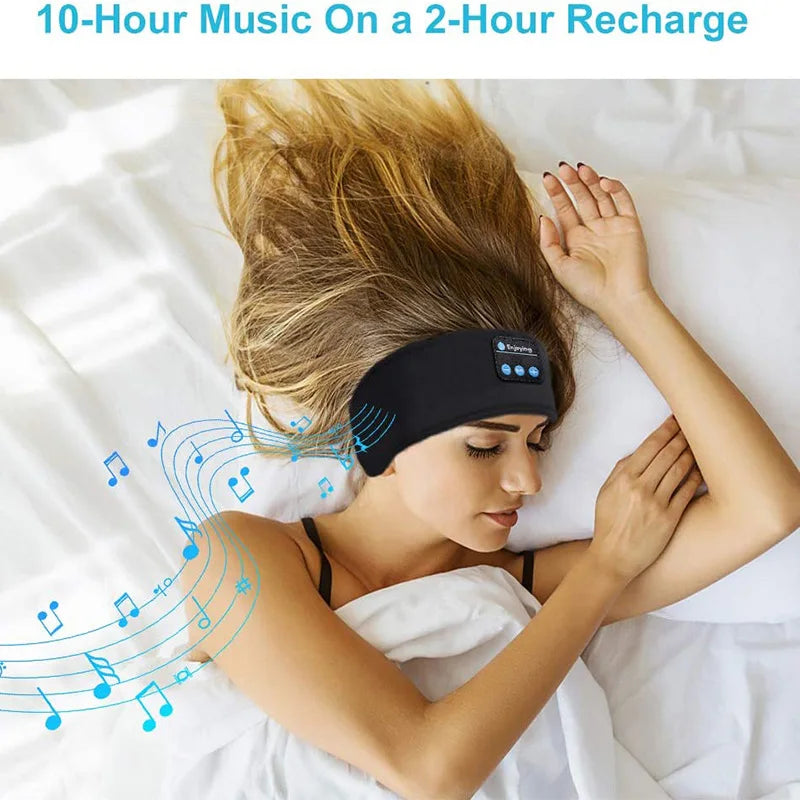 Woman wearing a black sleep headband with text about battery life on a white background