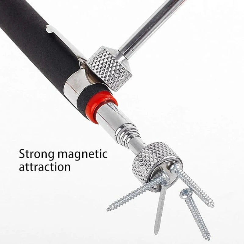 Close-up of a metal claw-like attachment with three screw tips and a textured knurled collar, shown on a white background with the text 'Strong magnetic attraction.'.