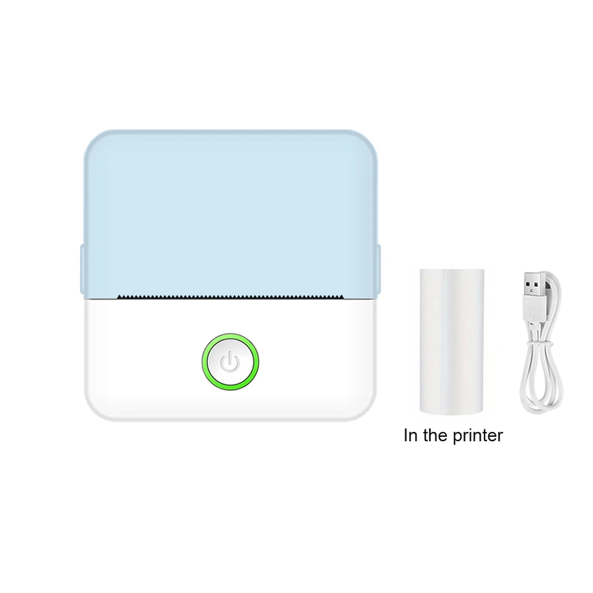 Small printer with power button and cable on a white background