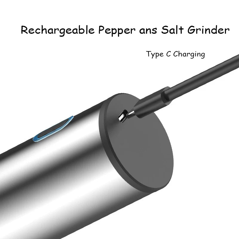 Rechargeable pepper and salt grinder with Type C charging cable on a white background