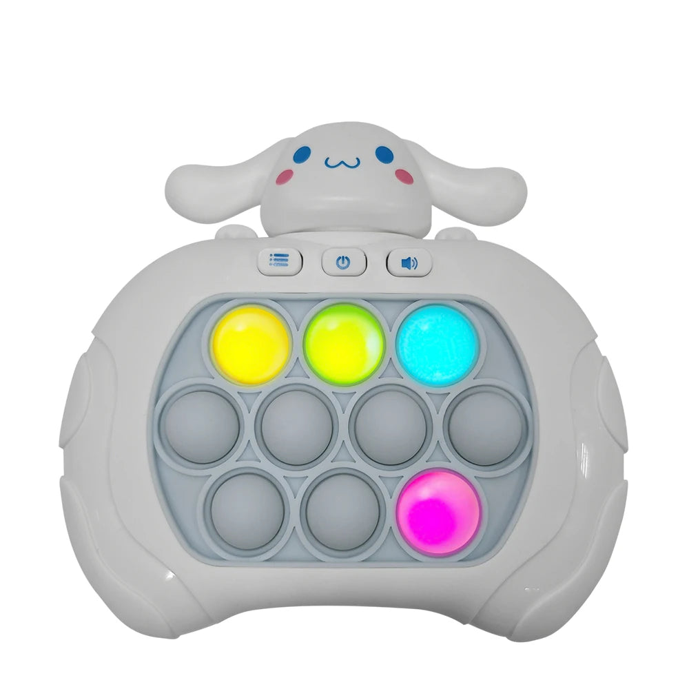 Children's toy with colorful buttons and a cartoonish face on a white background