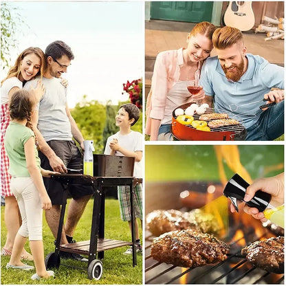 Collage of a family grilling outdoors with food on the grill.