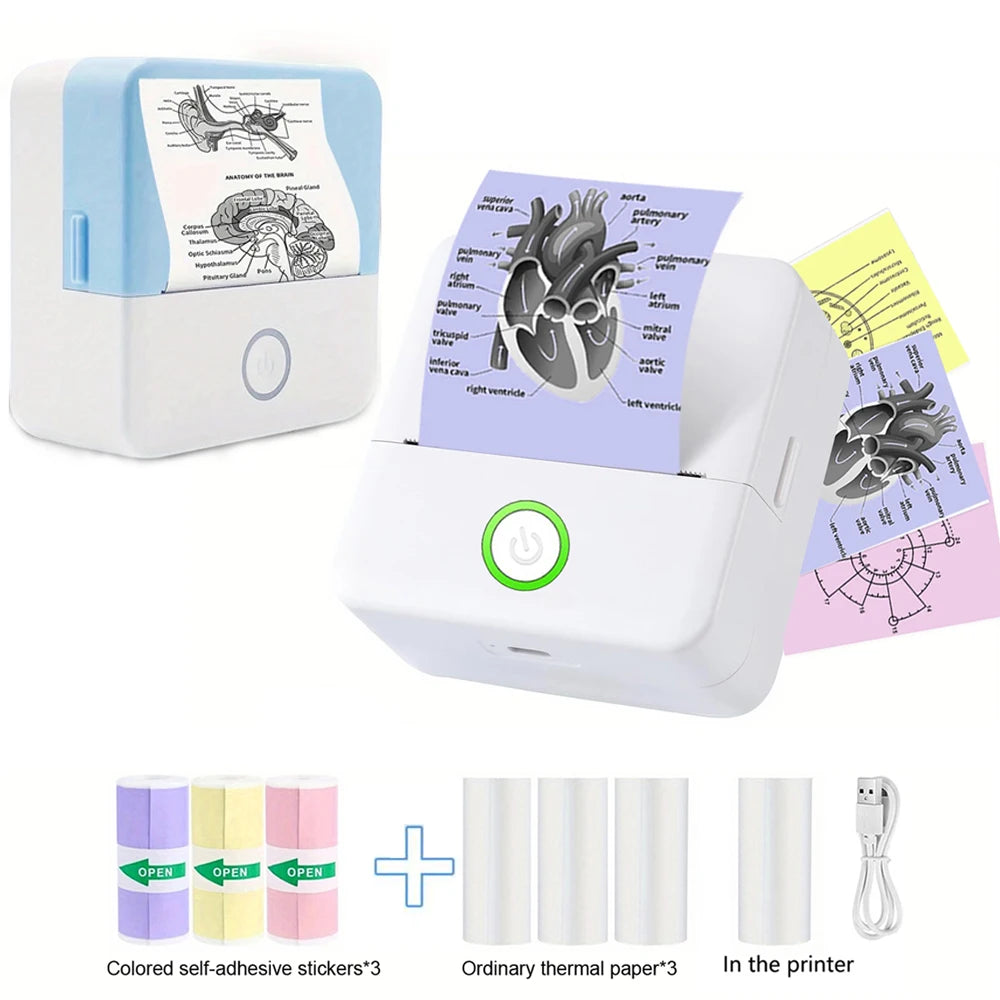 Small printer with printed educational materials on a white background
