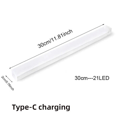 White LED strip with dimensions and charging information on a white background