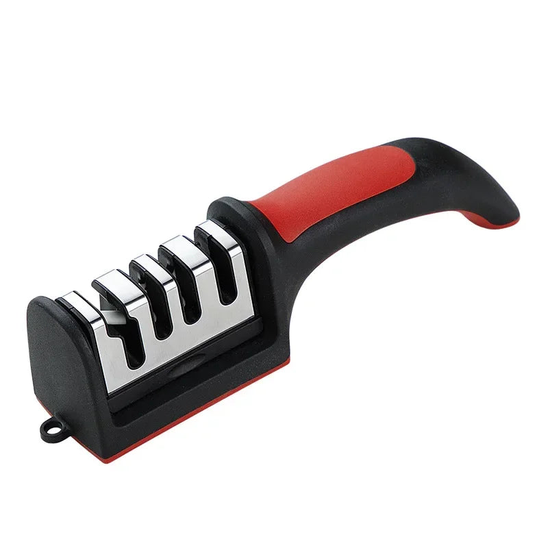 Knife sharpener with black and red handle on a white background