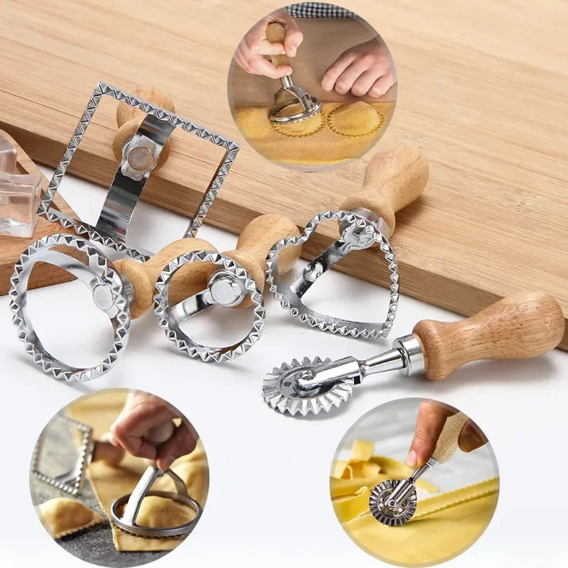 Pasta making tool with wooden handle and metal dough roller on a wooden surface.