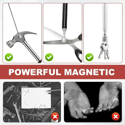A promotional collage for a powerful magnetic tool. The top row shows three white panels with a hammer, scissors, and keys being lifted by the magnetic attachment, marked with green check marks.