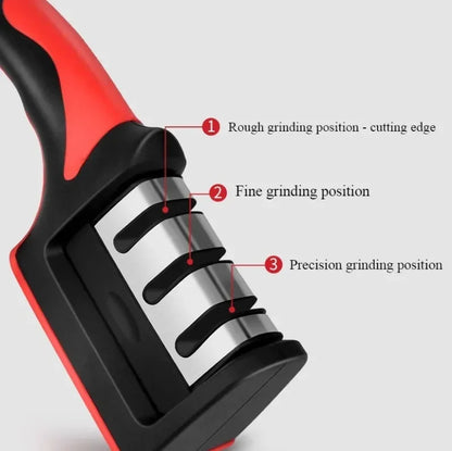 Knife sharpener with labeled positions on a gray background