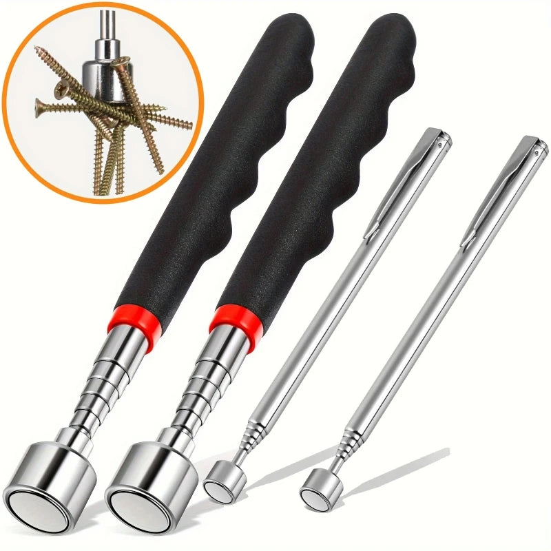 Three magnetic screwdriver bits with black and red handles and silver metal shafts, shown on a white background with a circular inset demonstrating use with screws.